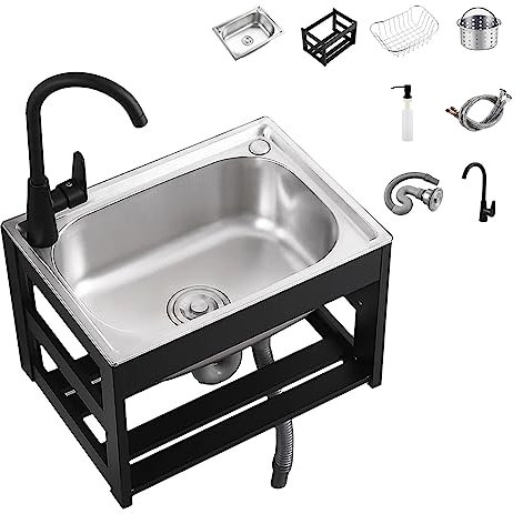 Duchunsheng Mural Evier INOX Professionnel Cuve Simple avec Robinet Chaud Et Froid Rotatif À 360°, Evier Exterieur Commercial avec Support, Évier De Restaurant Évier sur Pieds, Évier De Jardin