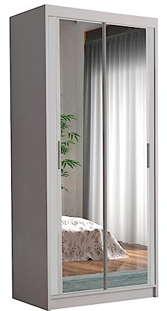 BETTSO -Kleiderschrank Schwebetürenschrank mit Spiegel, mit Kleiderstange 2 Regalen für Schlafzimmer,Kinderzimmer oder Wohnzimmer-Charlotte Mini 90 (Weiß+Weiß)