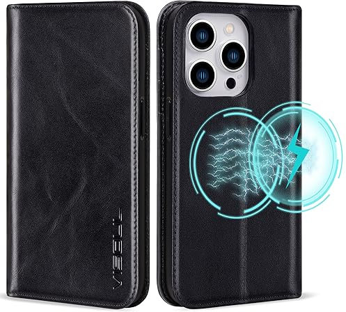 VISOUL Hülle für iPhone 15 Pro,Echt Leder Schutzhülle Schützt Kartenfach Magnetverschluss Stand klappbar handyhülle Handytasche Etui Case Schwarz