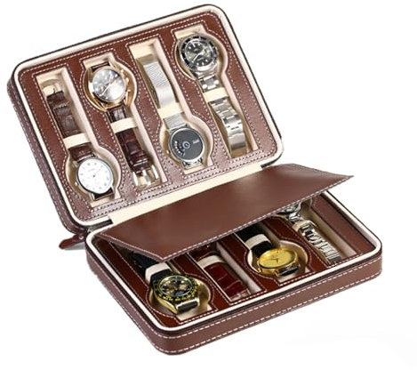 ANKROYU Aufbewahrungsbox Für Uhren Mit 8 Fächern, 1 Stück Uhrenbox, Tragbarer Reise-Sammelbox-Organizer Mit Reißverschluss, Neuer Stauraum Für Ihre Uhr, Tragbarer Reise-Sammelbox-Organizer(Kaffee)