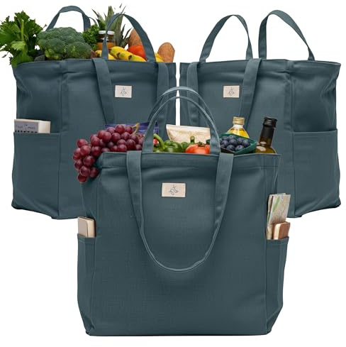 Nook Theory 3-Pack Reusable Grocery Bags - Heavy Duty, Large 12 Oz Cotton Canvas Reusable Shopping Bags With Pockets, 100% Cotton Cloth Grocery Totes, Foldable Multi Compartment (Ocean)