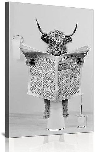 QPLGTU Badezimmer Haus Hintergrund Wanddekoration Poster, Schwarz und weiß Hochland Vieh Tier Dekoration Fotos Tapete, lustige Tier Druck Poster, Rahmenlos (Zeitung Kuh, 60x90cm)