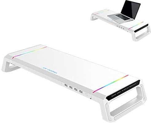 Computer Stand , Ergonomic Computer Stand Desktop Organizer, Monitor Stand Riser With USB 3.0 hub and RGB lights, USB3.0 Hub Ports Printer Holder, Built in storage drawer Monitor Stand Riser, Mu