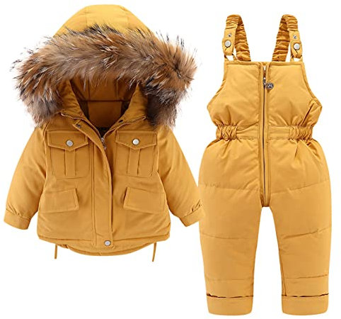 liaddkv Baby Kinder Jungen Winter Dicker Warmer Daunenmantel mit Kapuze Paraks Spielanzug Hose Overall Schneeanzug Set Lammfell Herren (Yellow, 2-3 Years)