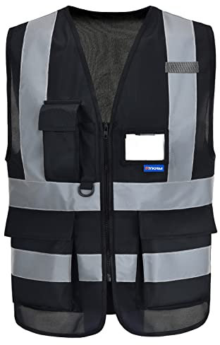 AYKRM Sicherheitsweste Schwarz Warnweste Reflektierendes WarnschutzWeste Warnweste mit Reflektorstreifen mit Reißverschluss und Taschen Arbeitsweste
