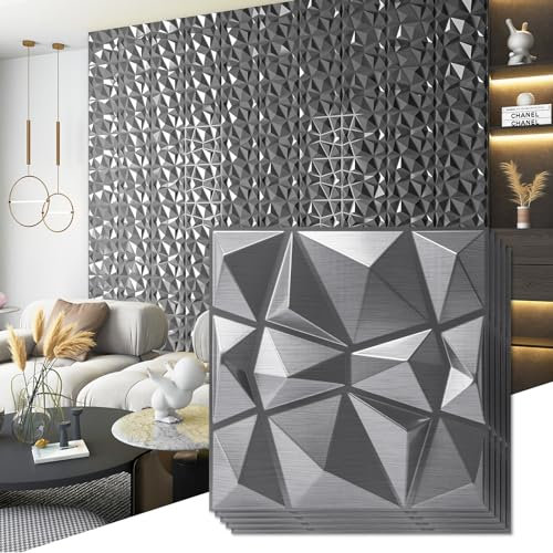 Art3d 3D-Diamant-Design-Panel für Inneneinrichtung, Wohnzimmer, TV-Wandhintergrund, Schlafzimmer, Gaming-Setup, 30 x 30 cm, Silber, 33 Stück