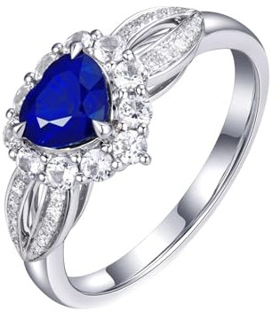 Partnerringe für Sie und Ihn mit Gravur, Kristall Ring Blau 18 Karat Weißgold AU750 Lab Saphir 0.8CT Herzschliff VVS mit Diamant Weiß Größe 65 (20.7)