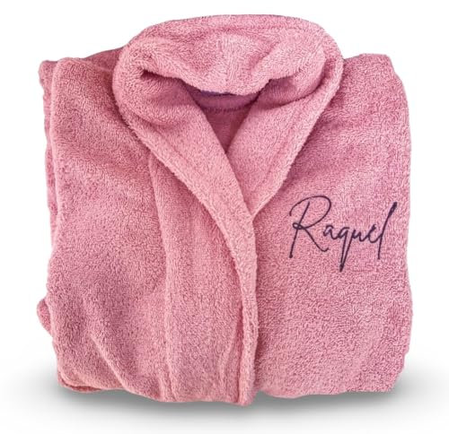Cocholate Peignoir de bain personnalisable avec nom brodé - Peignoir unisexe adulte homme et femme prénom - Fabricant espagnol - Peignoir de bain éponge absorbant., rose, M/XL