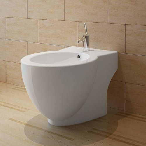 ARKEM Sanitari Filomuro Vaso WC E Bidet In Ceramica Filo Muro Filo Parete Design Moderno Con Copriwater Chiusura Soft Close Chiusura Rallentata,Bidè Rotondo Bianco con Piede di Alta Qualità in Ceramic