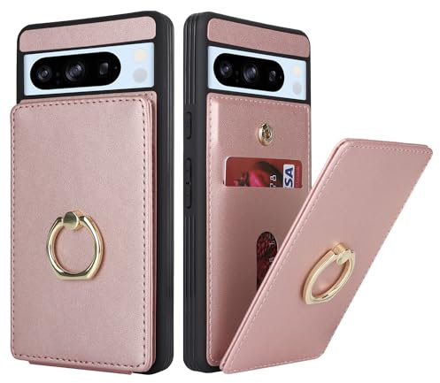 SailorTech für Google Pixel 8 Pro Handyhülle mit Kreditkartenhalter für Frauen, Google Pixel 8 Pro Hülle Ring-Ständer Kartenschlitze Standfunktion Modische Tasche für Männer - Roségold