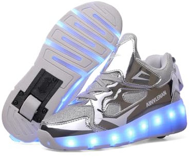 WDRHC Jungen Mädchen Skateboard Schuhe mit LED Blinkend Schuhe mit Rollen Skate Automatisch Einziehbar Komfort Outdoor Sportschuhe für Kinder Silbrig