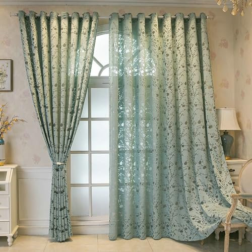 Gardinen Vorhänge 2er Set, Gardienen Vorhänge Blickdicht mit Ösen 96x115CM Hohl Blumenmuster Gardine Vorhang Grün Vorhang Für Wohnzimmer