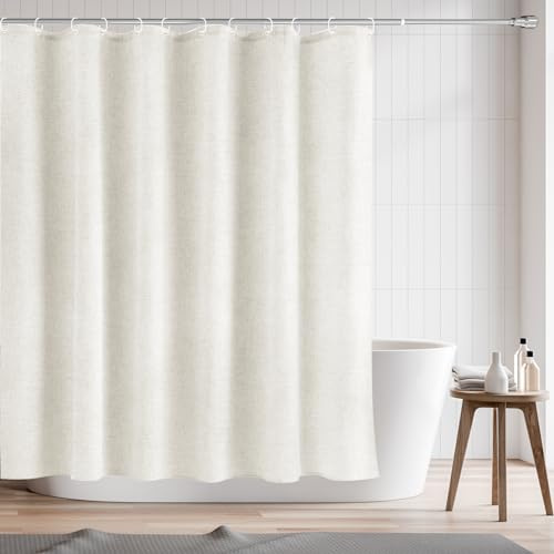 RAYNEAY Rideau de douche en lin naturel résistant à l'eau, 182 x 182 cm, en tissu texturé en lin avec ourlet lesté et crochets pour salle de bain, chambre humide, baignoire (crème)