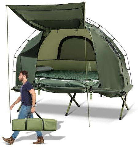 GYMAX Tente Lit de Camping Extérieur 5-en-1 avec Sac de Couchage, Matelas & Oreiller Gonflable Pare-Soleil, Tente de Camping Portable avec Sac de Transport pour Camping, Randonné