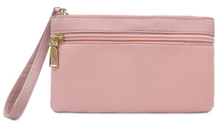 FuninCrea Geldbörse Damen Leder Münzbeutel, Portemonnaie Damen Gross 2 Reißverschluss-Taschen Geldbeutel Damen Große Kapazität Portmonee Damen Bauchtasche Damen Groß mit Handschlaufe (Rosa)
