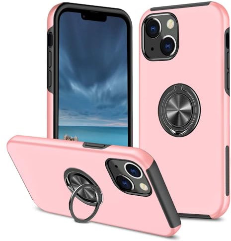 XYZNTMF for iPhone 14 Phone Case Built-in Ring Holder Shockproof Silicone Bumper Matte Hard PC Case compatible with Magnetic Car Mount Full Protective Skin Cover Case for iPhone 14, Rosegold