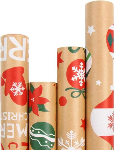 DERAYEE Papier Cadeaux Kraft Noël,43.2 * 300cm Papier Cadeau Noël Gros Rouleau Emballages de Cadeaux