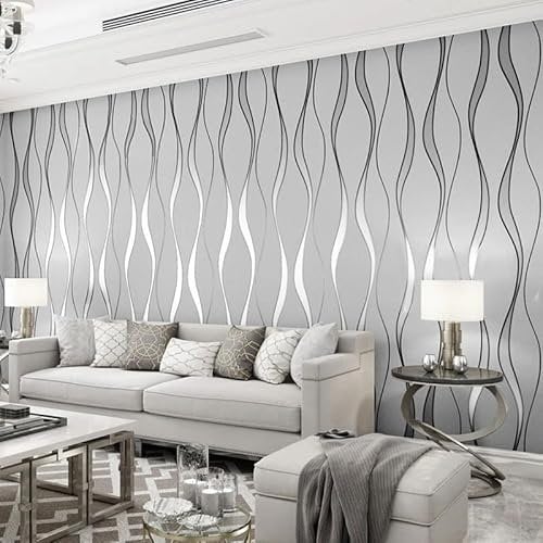 Baketron Grey Wallpaper Silver Glitter Textured 3D Effect Embossed Wallpapers Wave Stripes Wall Paper Roll Modern Feature for Living Room Bedroom Adults Hallway Kitchen Front Room