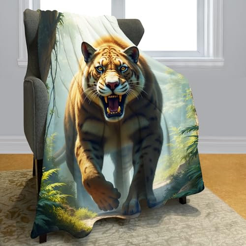 Violetpos Tiger im Dschungel Decke 125 x 200 cm Flauschig Kuscheldecke Weich Fleecedecke Gemütliche Wohndecke Warm Sofadecke Tier Thema
