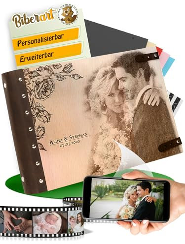 Personalisiertes Gästebuch Hochzeit I Fotoalbum zum Selbstgestalten I Leeres Buch aus Holz mit Ledercover mit Foto Gravur I 40 DIN A4 schwarzen blanko Seiten I Wedding - Erinnerungsbuch I Album
