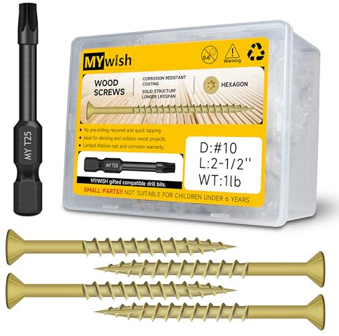 77Pcs Wood Screws #10 x 2-1/2 1lb Box, Deck Screws 2 1/2 Inch, T25 Screws Torx Screws Drive Head, Outdoor Construction Screws, Rust Resistant, Epoxy Coated, Exterior 2 1/2 Deck Screws, Tan by Mywish