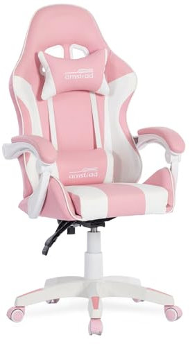 Amstrad AMS-800-ROSY Fauteuil/Chaise de Bureau Gamer Rose & Blanc - Coussin Lombaire & appuie tête
