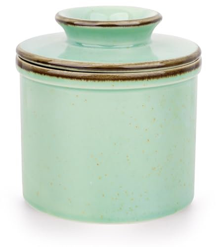 Jersinwei Französische Butterdose, butterdose wassergekühlt mit Wasserlinie, keramische butterglocke für streichfähige Butter - Lichen Green
