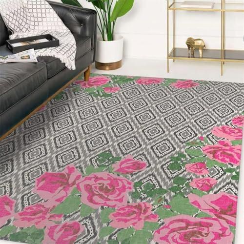 RUGMRZ Tapis D Eveil Bebe Gris Fleur Rose Motif Feuille Verte Lavable De Jardin Exterieur 200x300cm