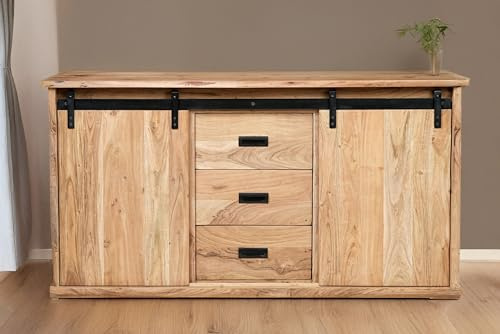 SAM Sideboard Lian I | Akazienholz massiv | Farbe: Natur | 150x45x80 cm | 4 Fächer & 3 Schubladen | 2 x Holz-Schiebetüren mit Baumkante | Kommode mit gusseisernen Elementen