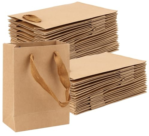 CHUENKUK 50 Stück Papiertüten Klein mit Henkel, 12 x 6 x 17 cm Braun Geschenktüten Kraftpapier Tüten für Geburtstag, Party, Hochzeit