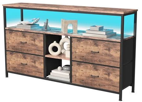 BPKADHY Kommode mit 4 Schubladen aus Stoff und LED-Beleuchtung, Aufbewahrungsschrank Sideboard für Schlafzimmer Wohnzimmer Flur, mit Metallrahmen und Holzplatte, Braun-Schwarz, 108x30x77 cm
