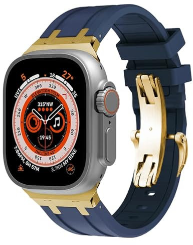 IRFKR Correa de goma para Apple Watch Ultra 49mm, correas de reloj Serie 8 7 45mm, banda deportiva suave para iWatch 6 5 4 SE 44mm 42mm, pulsera de silicona(Blue gold,49MM)