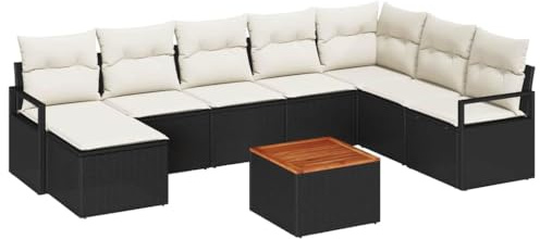 vidaXL Garten-Sofa-Set mit Kissen 9 pcs Schwarz Poly Rattan, Modular Sofa-Set für Garten und Terrasse, verstellbare Füße, strapazierfähige Sitzmöbel, Rattan-Lounge für draußen