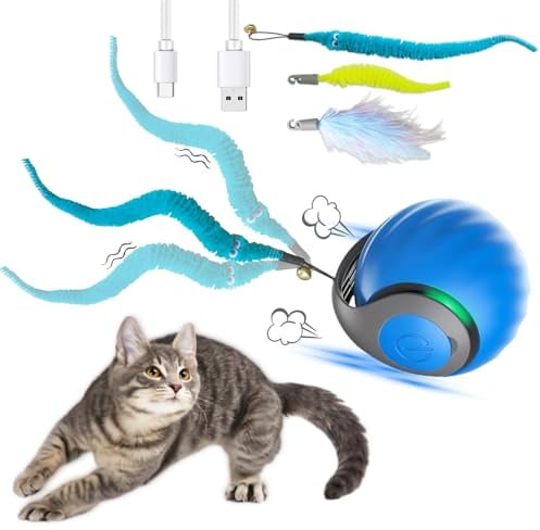 Interaktives Katzenspielzeug Katzenball, Katzenspielzeug Elektrisch, Katzenball Elektrisch mit USB, Zwei Arbeitsmodi, Katzen Spielzeug mit 3 Ersatzschwanz, Intelligenzspielzeug für Katzen (blau)