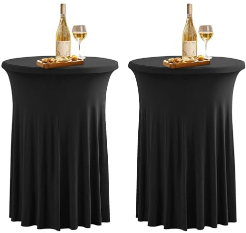 Stehtisch Hussen, 2er Set Stretch Stehtische Tischdecke mit Verstärkung Rock, 80×110cm Runder Bistrotisch Stehtischhusse, Waschbar Cocktail Tischrock für Party, Hochzeit, Bar, Banketttisch Schwarz