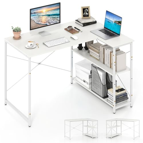 COSTWAY Bureau d'Ordinateur en Forme de L, Bureau d'angle Réversible avec Étagère Réglable, Table d'Étude Gain de Place avec Cadre Métallique Robuste pour Bureau à Domicile (Blanc)
