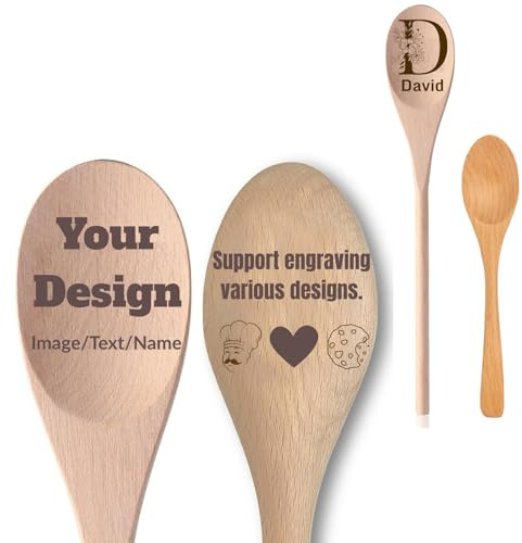 Custom Engraved Cooking Spoons Set, Customise Text & Pattern Beech and Long-Handled Mixing Spoons, Heat Resistance Non-Stick Bamboo Cooking Utensils, Baking Cook Kitchen Personalised Gift Ideas