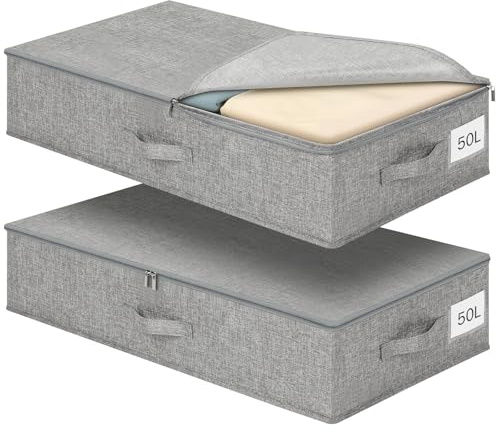 Romon Scatole per Armadio, 2 Pezzi Contenitori Sottoletto con Cerniera Bidirezionale, Organizzatore per Letto con Coperchio, 50l (76x40x17cm), Piegabile, Per Abiti E Biancheria, Grigio