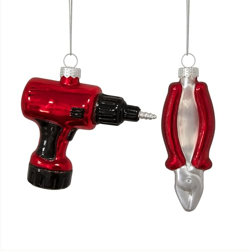 hristbaumkugeln Werkzeug Set – Glas Baumschmuck Zange - Akkuschrauber – handbemalt, mundgeblasen, Geschenk für Handwerker - Heimwerker – Weihnachtsdeko rot-Silber