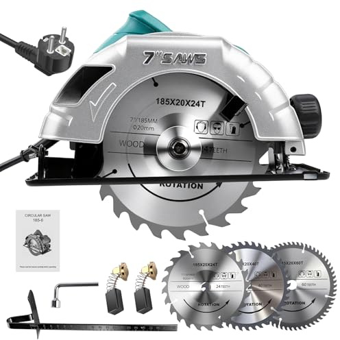 Risegun 1200W Sierra Circular con Guia, Sierra Circular de Mano 5200RPM, profundidad de corte: 60 mm (90°) - 45 mm (45°) con hoja de sierra circular de metal duro incluida para madera, metal