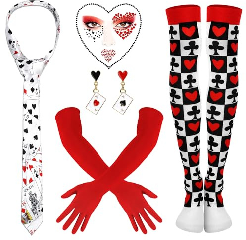 Herzkönigin Kostüm Damen, Queen of Hearts Karneval Cosplay Set mit Strümpfe Handschuhe Lang Pokerkarten Ohrringen Krawatte Gesichtstattoo für Karneval Faschingskostüme Halloween Mottoparty Cosplay