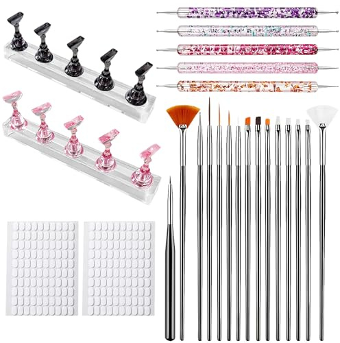 2 Sets Nail Stand 15-Pack Nail Art Brushes 5-Pack Color Painting Drill Pens 2 Sheets of Double-sided Tape for Nail Support Nail Holder(Black/Pink)