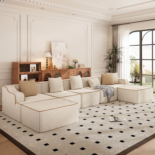 PHI VILLA Ecksofa mit Schlaffunktion Cloud Boneless Couch, Wohnlandschaft U Form Modulares Sofa Wohnzimmer Cord Keine Montage Beige