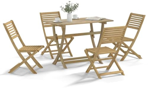 JHQHSM 5-TLG. Garten-Essgruppe aus massivem Akazienholz mit Klappdesign für Außenbereich, robuste Tischplatte und Bequeme Lattenstühle, wetterbeständige Gartenmöbel für Terrasse