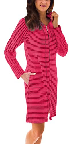 Aquarti Damen Bademantel Morgenmantel mit Reißverschluss Streifen Kurz Baumwolle, Farbe: Streifenmuster Himbeere, Größe: XL