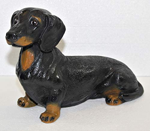 JS Garten Deko Figur Hund Dackel glatthaar sitzend Dachshund Dekofigur Gartenfigur aus Kunstharz H 22 cm