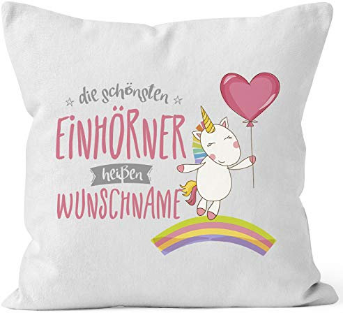 MoonWorks Einhorn Kissen mit Wunsch-Name Personalisierbar Individuell Geschenk weiß Unisize