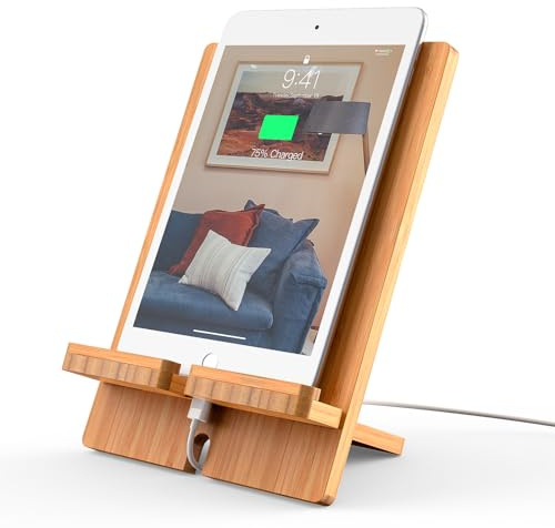 Pezin & Hulin Support réglable en bambou pour tablette et téléphone portable compatible avec Pad 9.7, 10.5, 12.9, Air 2 3 4 Mini, E-Reader, Phone 8 Plus X XS Max XR (prend en charge les appareils de