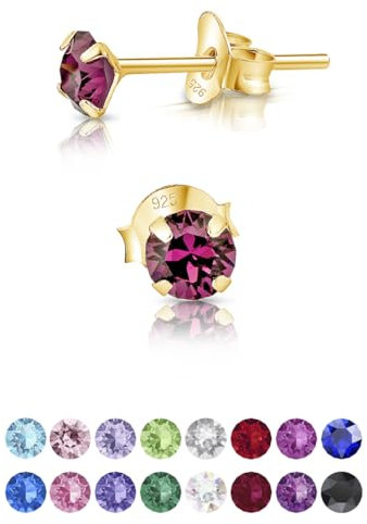 DTPsilver - Winzige Ohrringe 925 Sterling Silber Gelb Vergoldet mit Kristallen von Swarovski® Elements Runde Sehr kleine Ohrstecker - Durchmesser 4 mm - Farbe : Amethyst