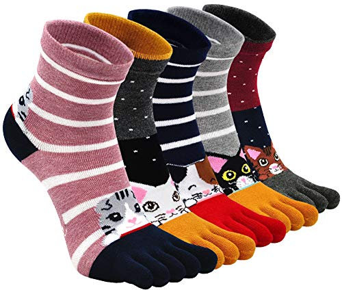 ZAKASA Chaussette à Doigts Femme: Chaussette 5 Doigt de Pied Coton Chaussettes Orteils Séparés Sport Fantaisie Motif Taille 35-42 Chats-5 Paires